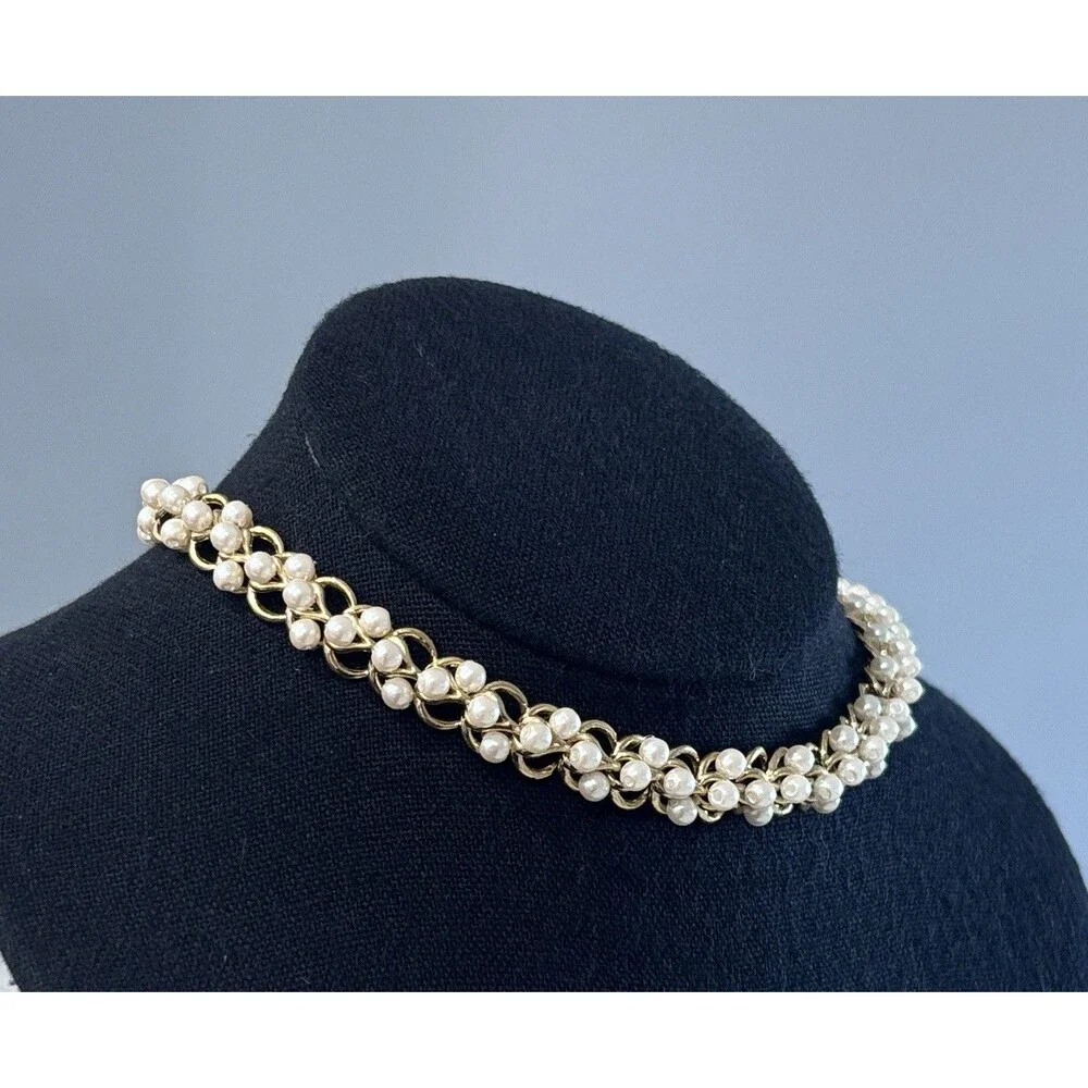Vintage Richelieu Faux Pearl Gold Tone Woven Collar Choker Necklace